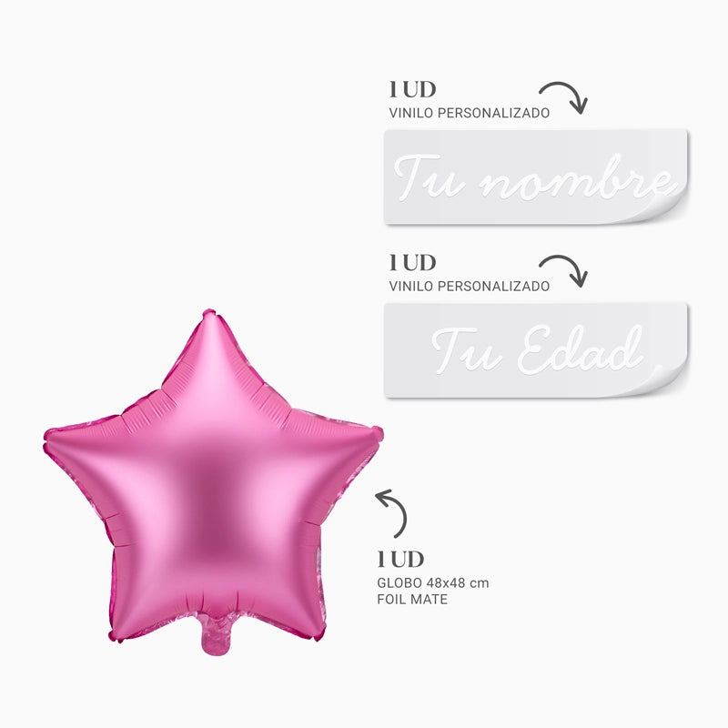 Globo Foil Estrella Fucsia Personalizado Nombre y Edad Vinilo Blanco