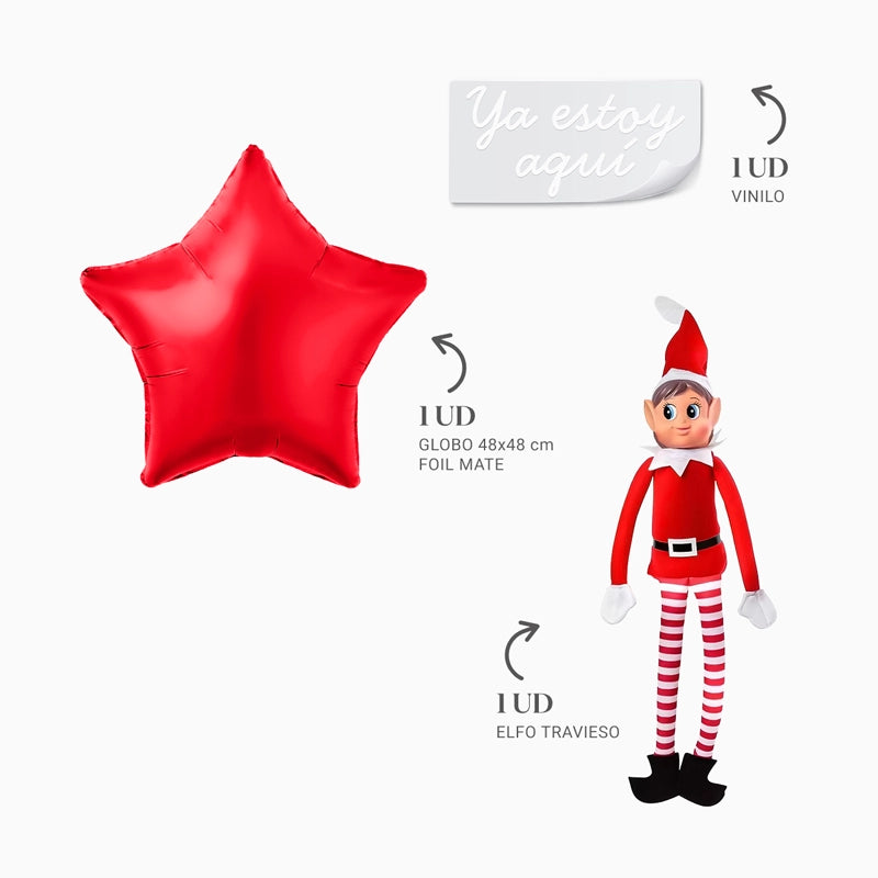 Elfo Travieso con Globo Foil Estrella Rojo Personalizado