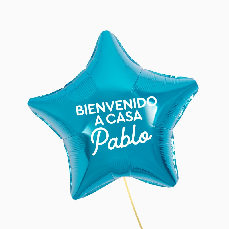 Globo Foil Estrella Azul Personalizado Bienvenido  a Casa Vinilo Blanco