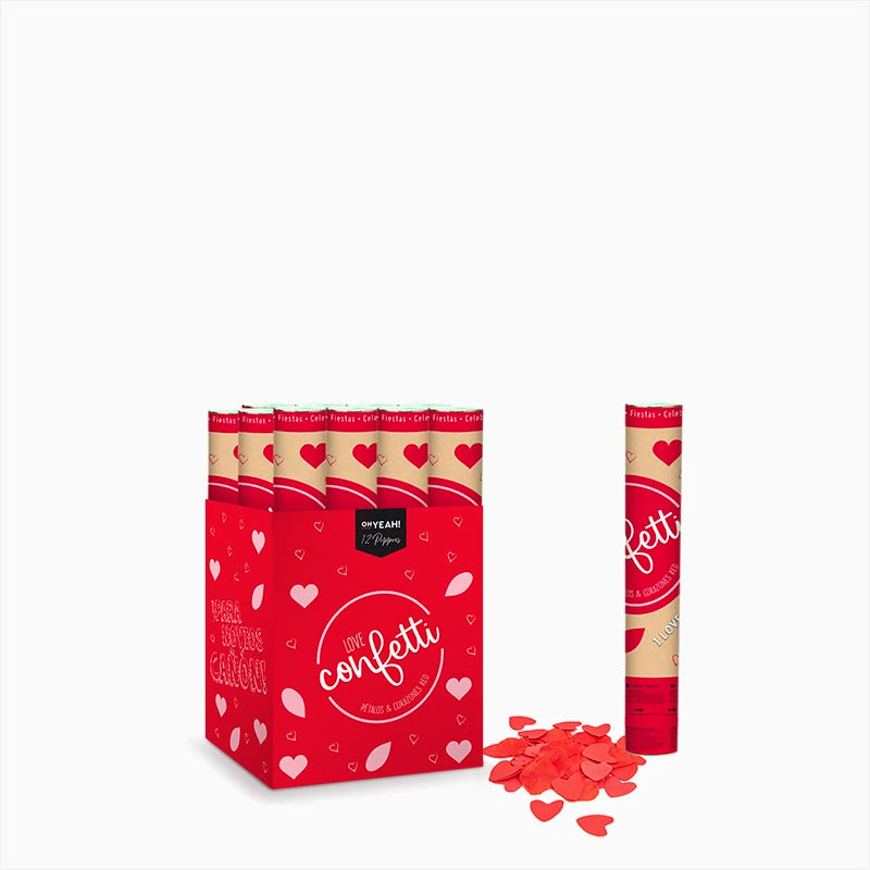 Set 12 Cañones Confeti Corazones 30 cm Rojo