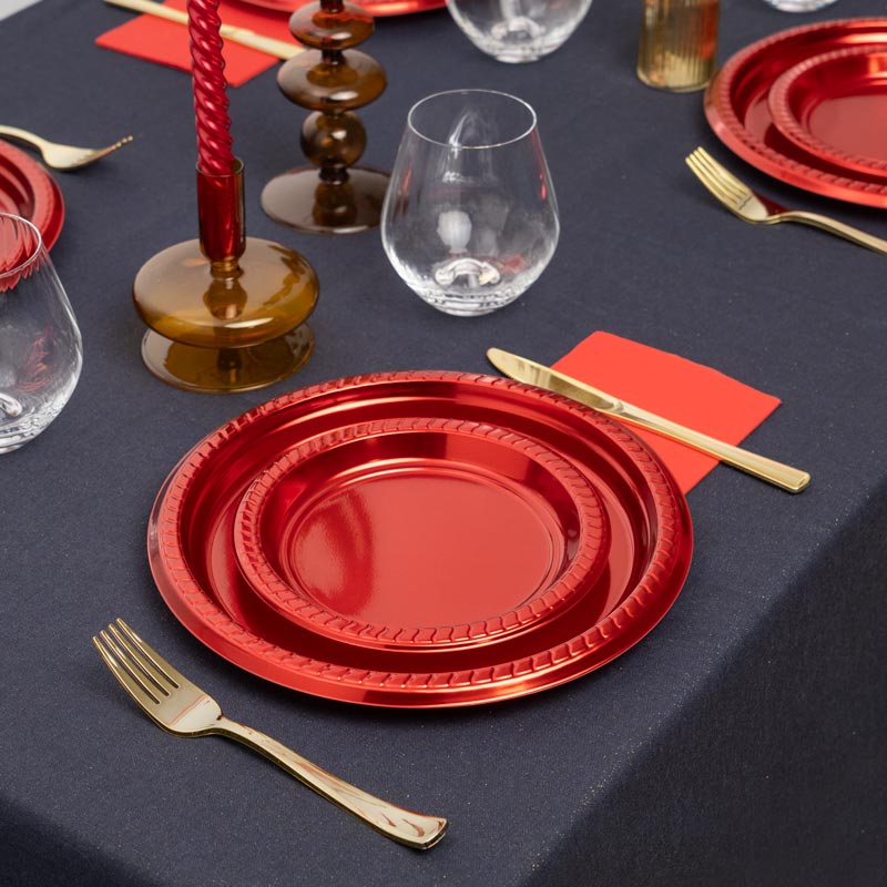 Piatto di plastica riutilizzabile rotondo semplice pre -dessert metallico Ø18 cm rosso