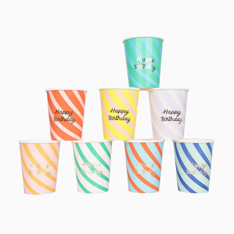 Vaso Cartón "Happy Birthday" Rayas Colores Surtidos