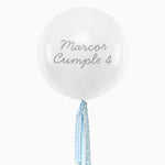 Globo Jumbo 60 cm Blanco Telas Floral y Vichy Azul Personalizado Vinilo Plata