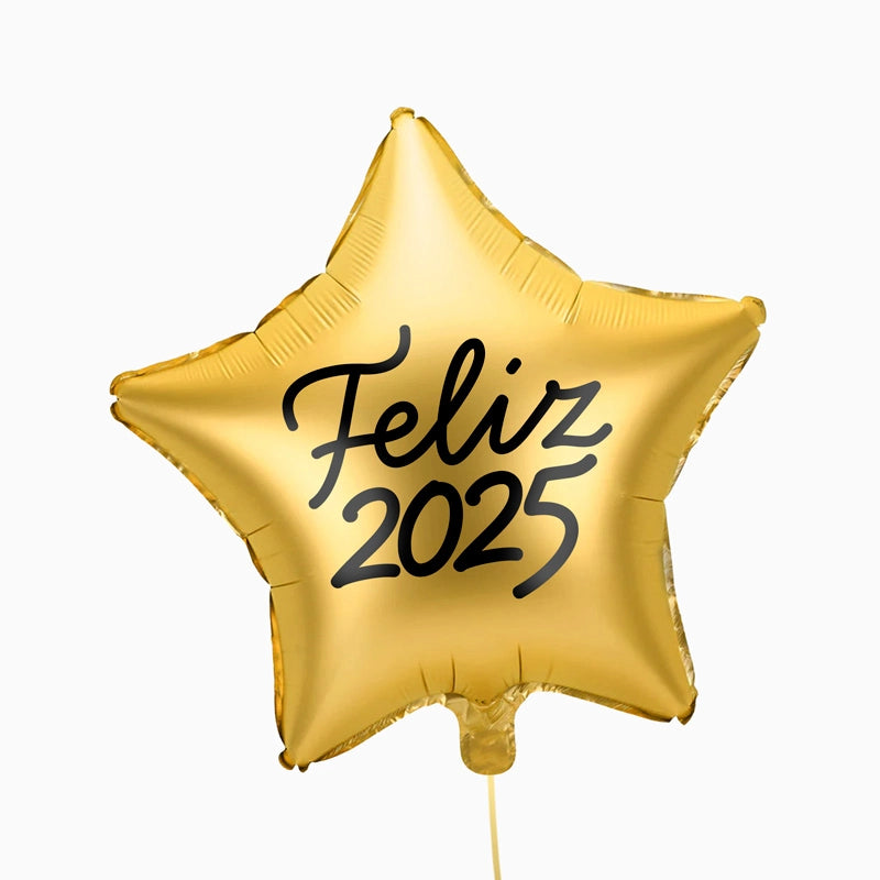 Globo Foil Estrella Oro "Feliz 2025" Personalizado Vinilo Negro