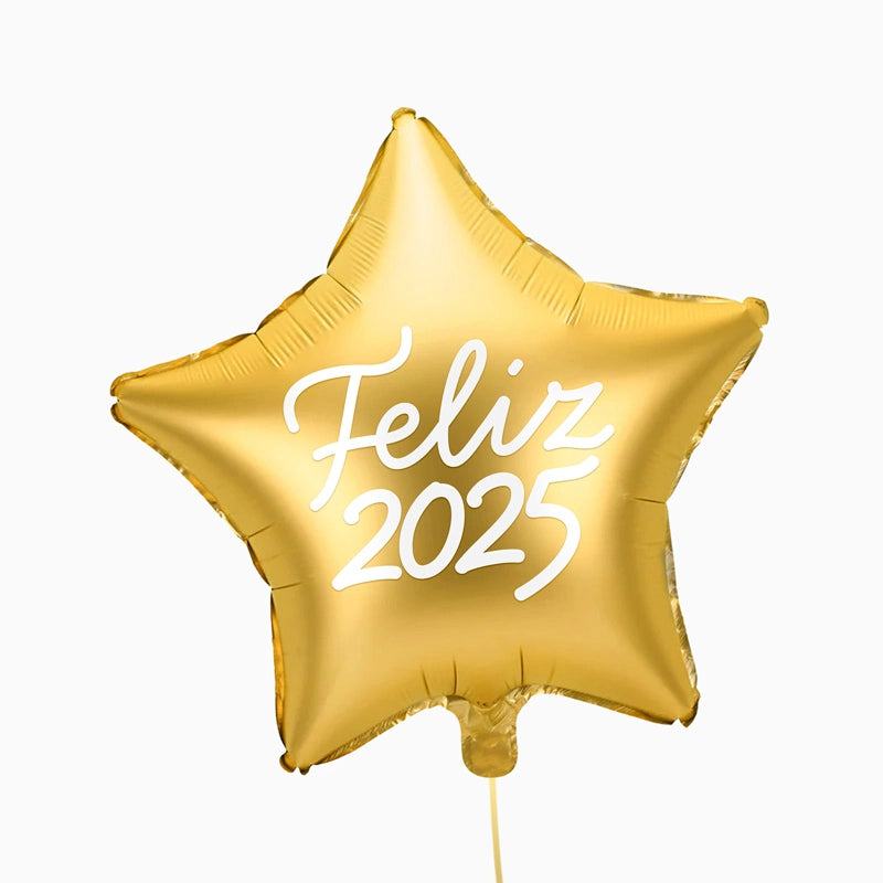 Globo Foil Estrella Oro "Feliz 2025" Personalizado Vinilo Blanco