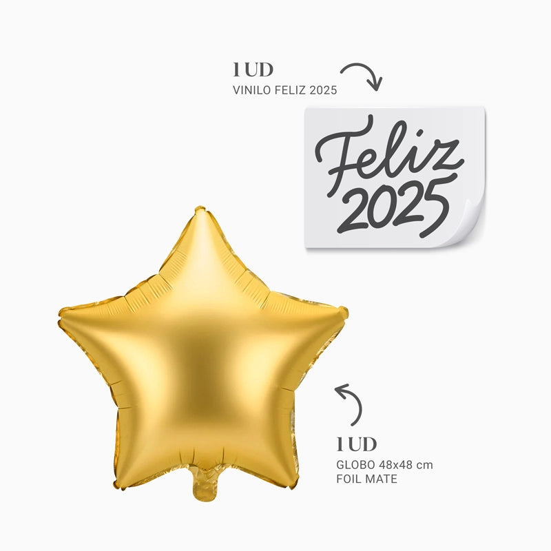 Globo Foil Estrella Oro "Feliz 2025" Personalizado Vinilo Negro