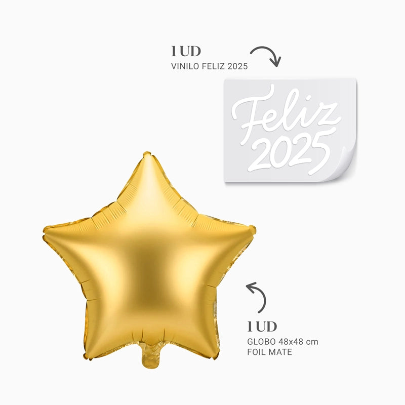 Globo Foil Estrella Oro "Feliz 2025" Personalizado Vinilo Blanco