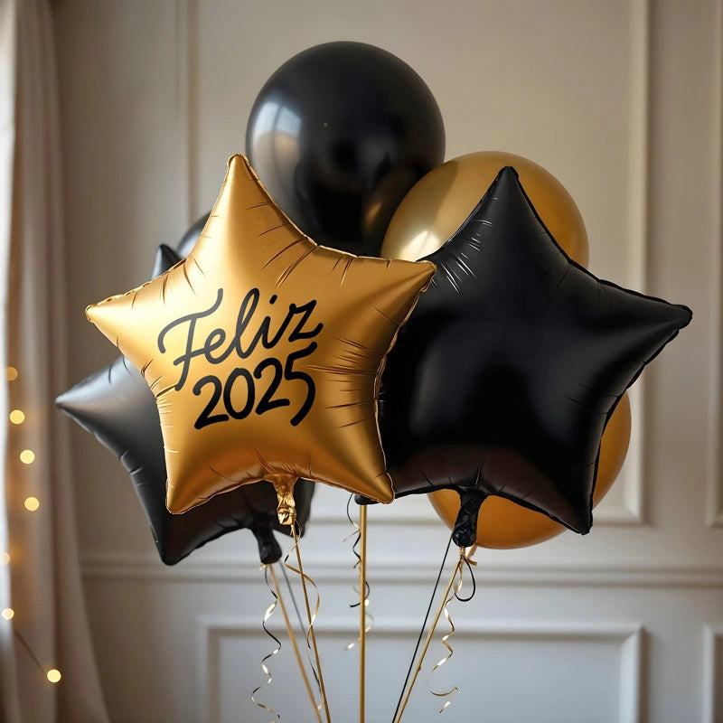 Globo Foil Estrella Oro "Feliz 2025" Personalizado Vinilo Negro