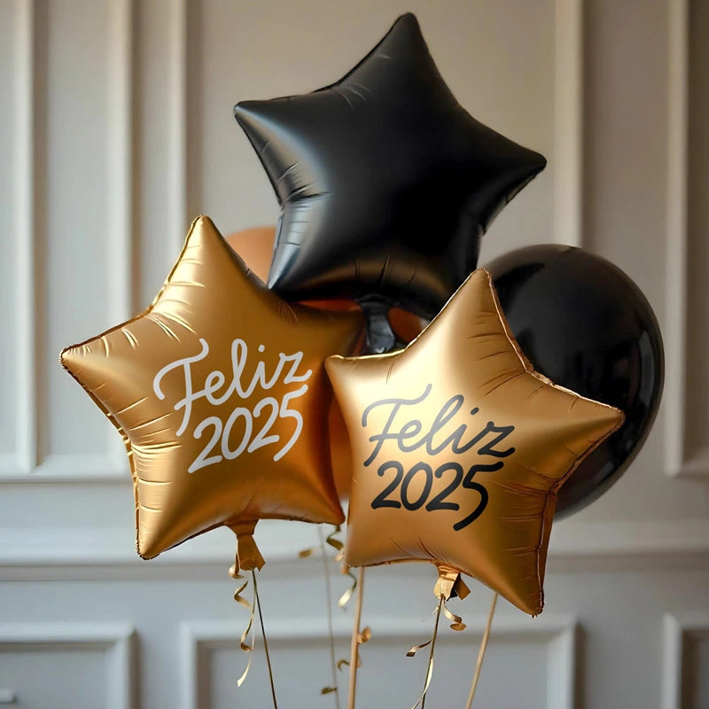 Globo Foil Estrella Oro "Feliz 2025" Personalizado Vinilo Negro