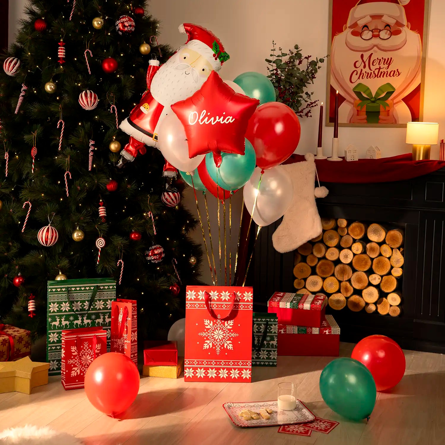 Set Globo Papa Noel con Globos Látex y Estrella Foil Rojo Personalizado