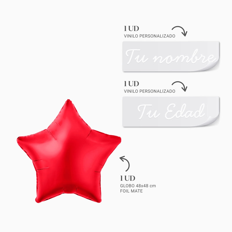 Globo Foil Estrella Rojo Personalizado Nombre y Edad Vinilo Blanco