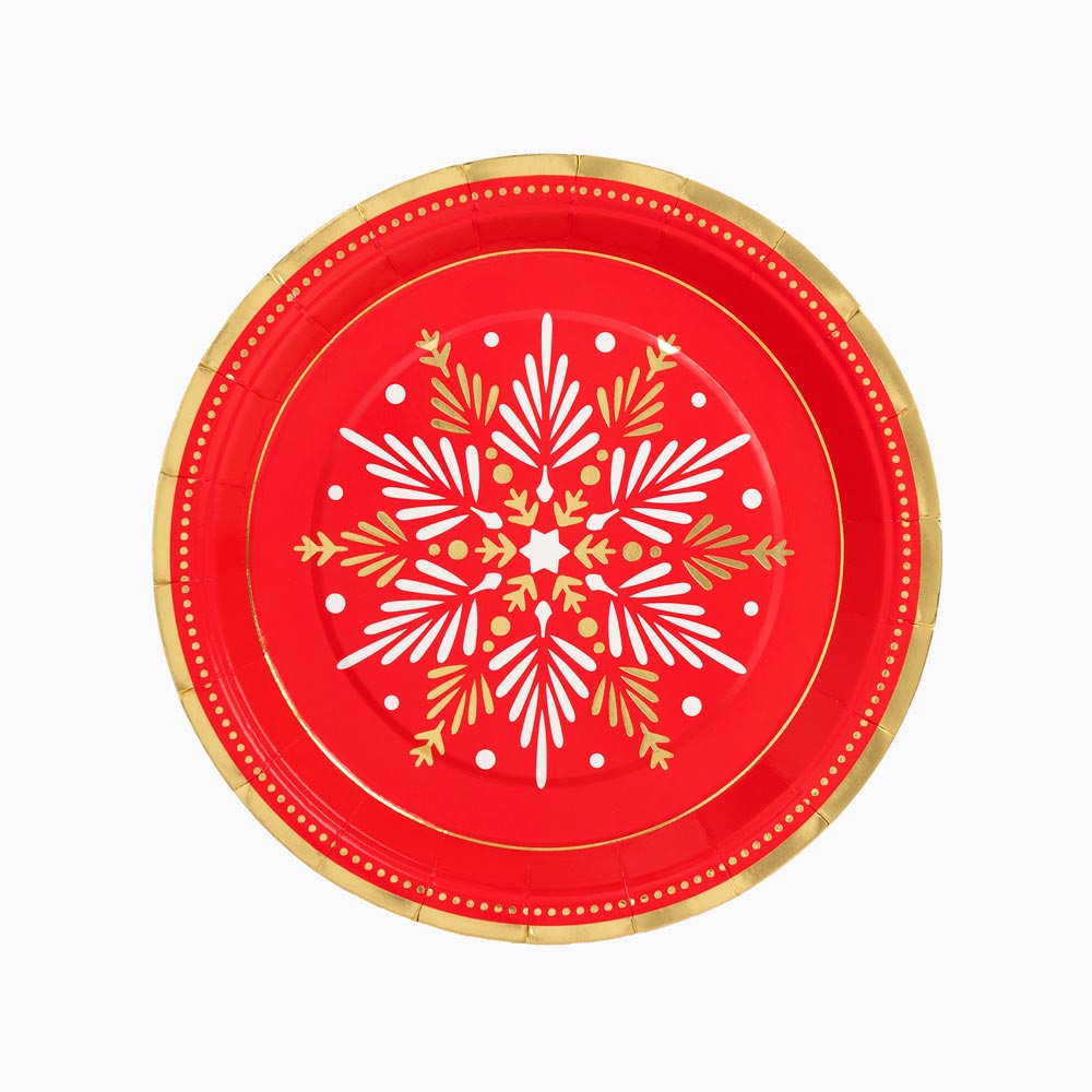 Christmas cardboard plate Ø23 cm red snowflake