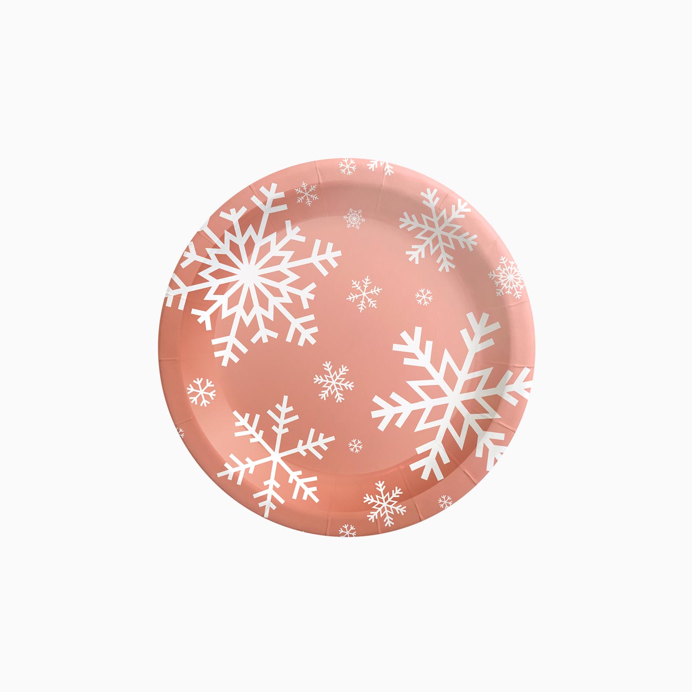 Plato Cartón Llano Postre Navidad Rosa Ø18 cm Copo de Nieve Oro Rosa Metalizado