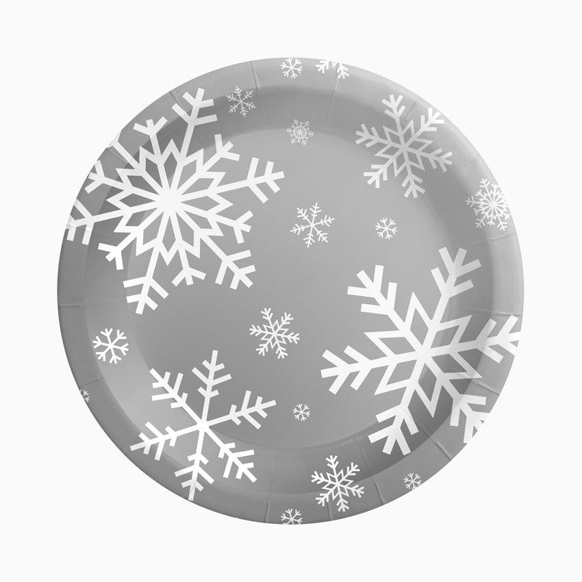 Plato Cartón Llano Navidad Ø23 cm Copo Nieve Plata