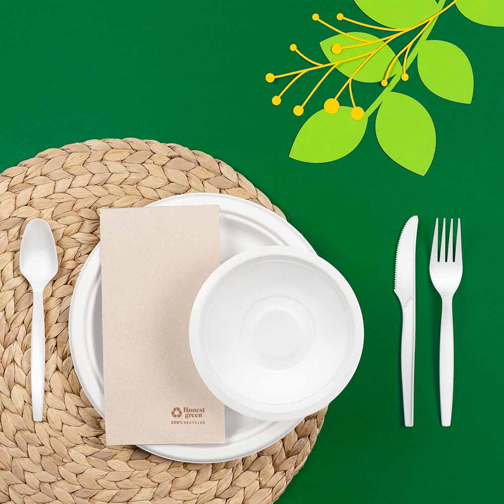 Set Servilletas Papel, Cuchillo y Tenedor Compostable