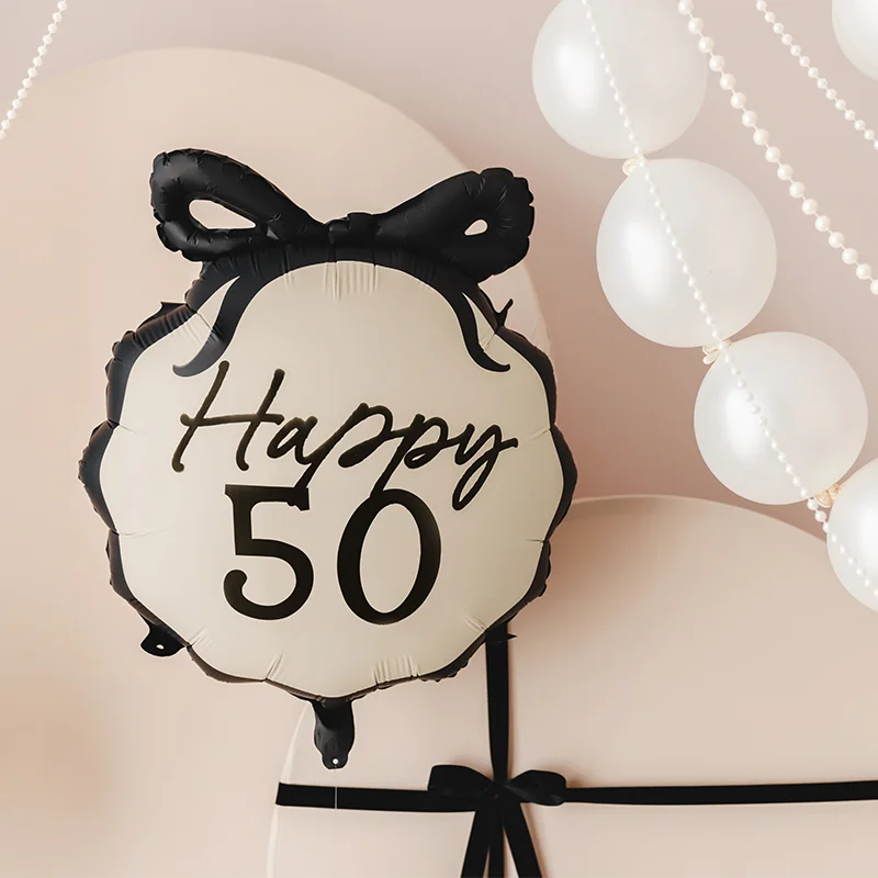 Globo Foil 45 cm Redondo Negro y Crema "Happy 50"