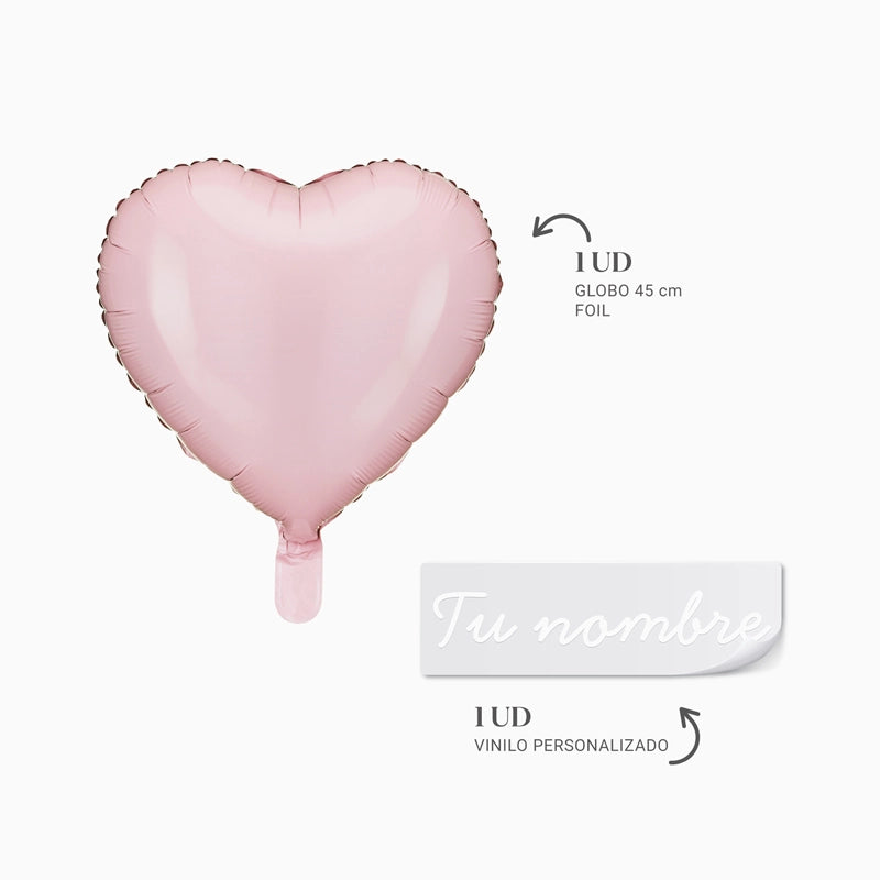 Globo Foil Corazón Rosa Nombre Personalizado Vinilo Blanco