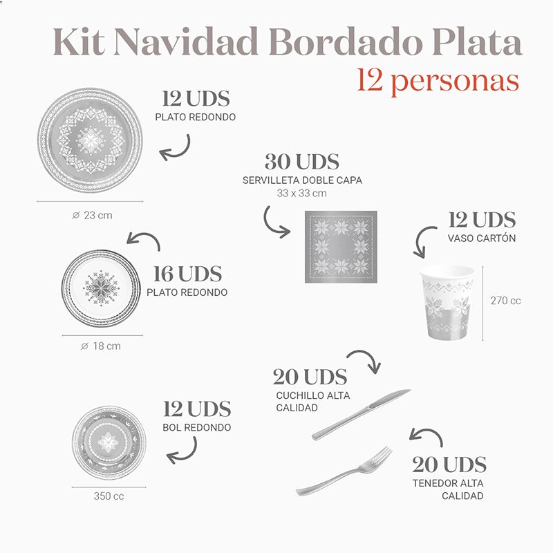 Kit de construção de Natal bordado prateado 12 pessoas