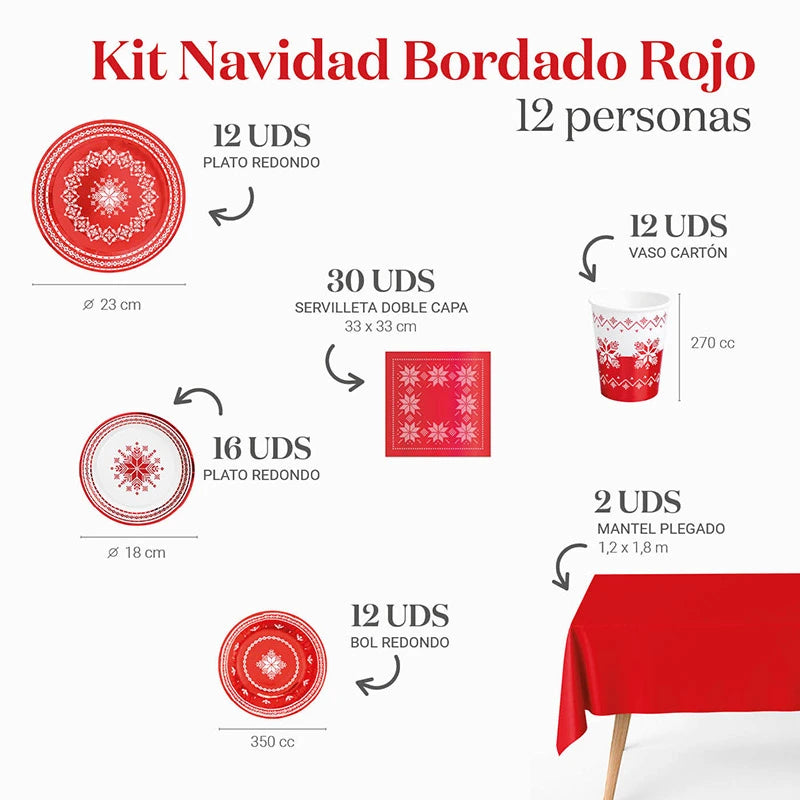 Kit de construção de natal bordado vermelho 12 pessoas