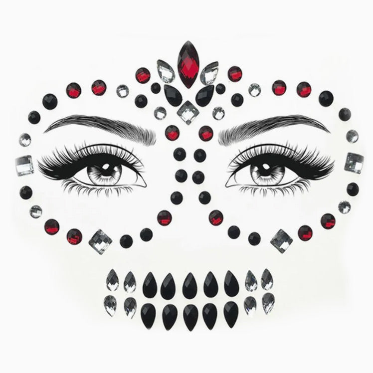 Gemme facciali calavera Halloween nero e rosso