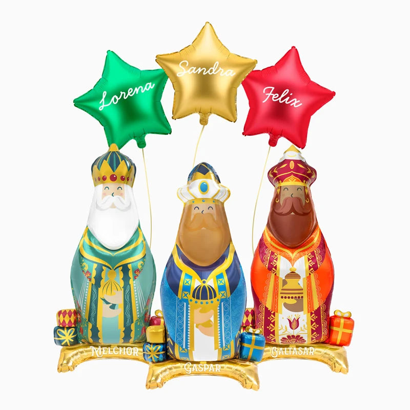 Set Globos Foil Reyes + Estrellas + Nombres Personalizados Vinilo Blanco