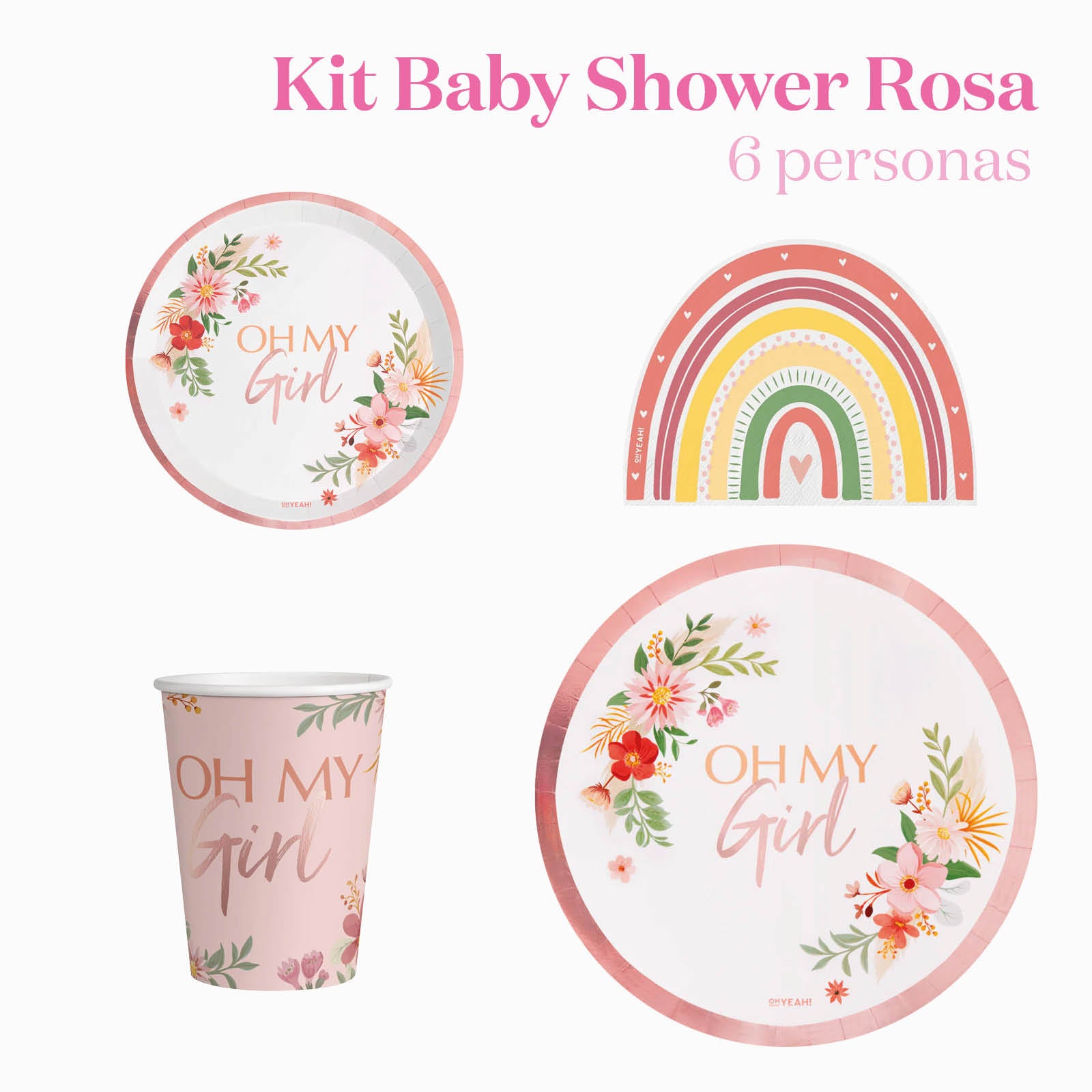 Kit básico de mesa 6 pessoas Pink para chá de bebê rosa