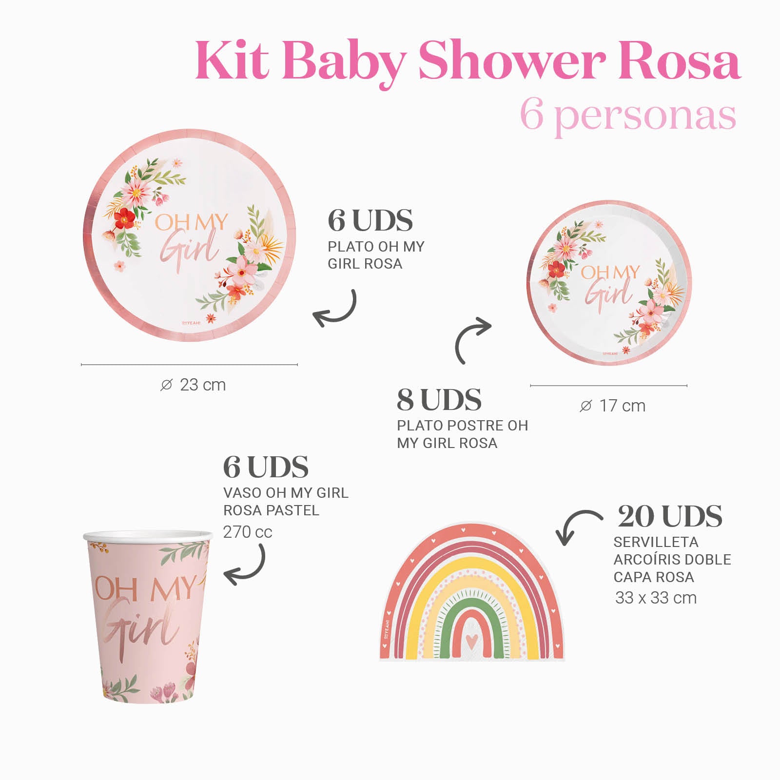 Kit da tavolo di base 6 persone baby shower rosa