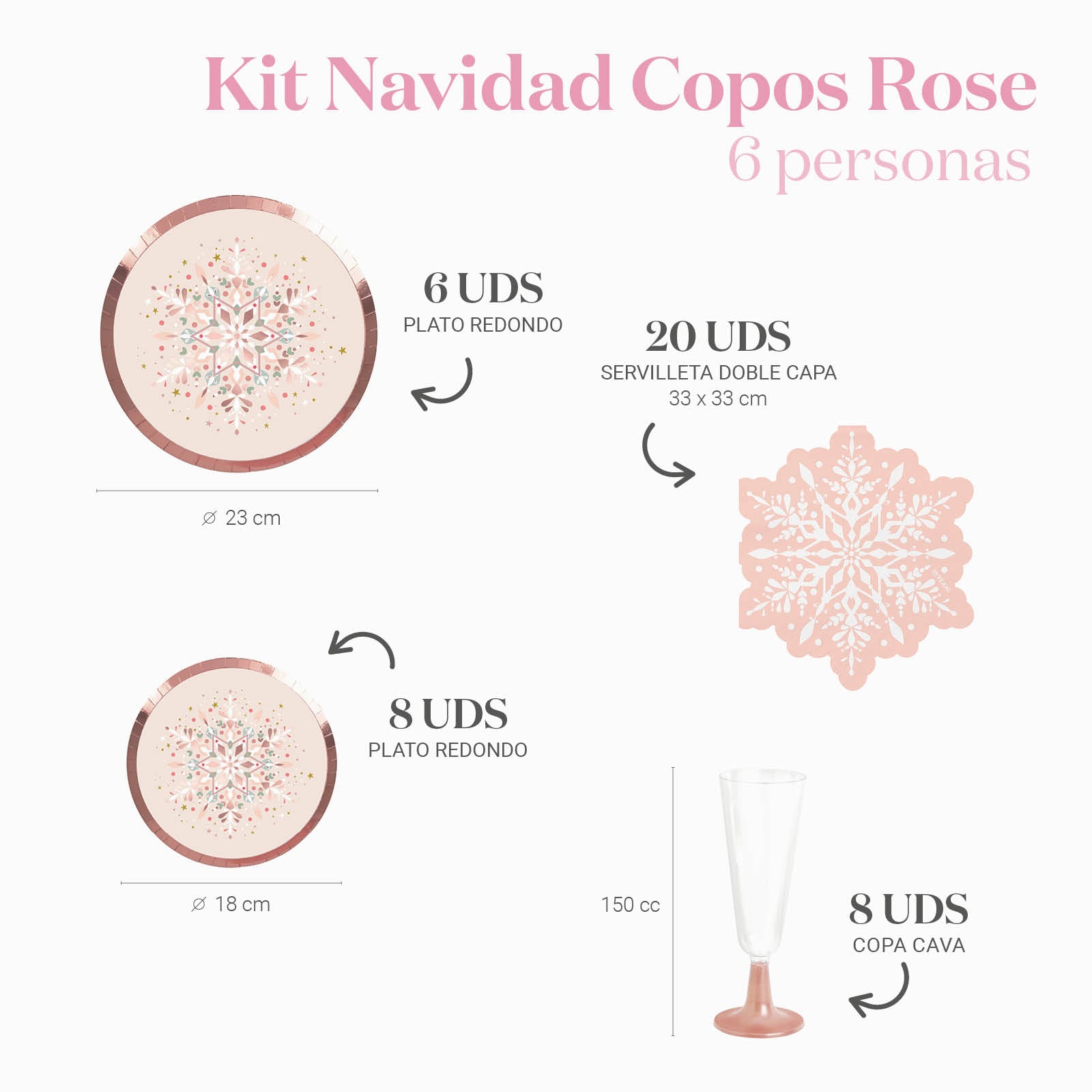 Kit Mesa Basic Navidad Copo de Nieve Oro Rosa 6 Personas