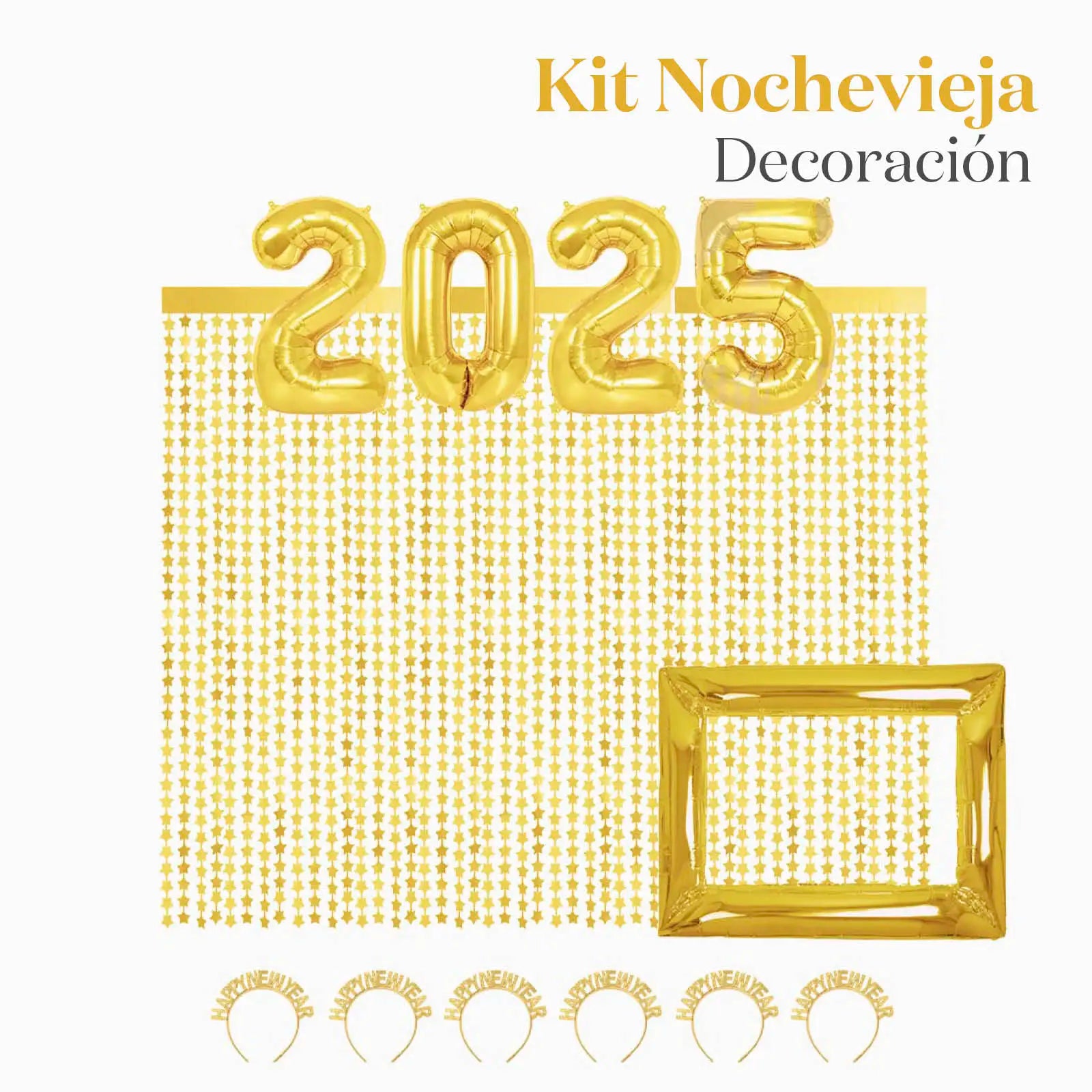 Kit Deco Photocall Nochevieja 2025 6 Personas Oro 14 uds