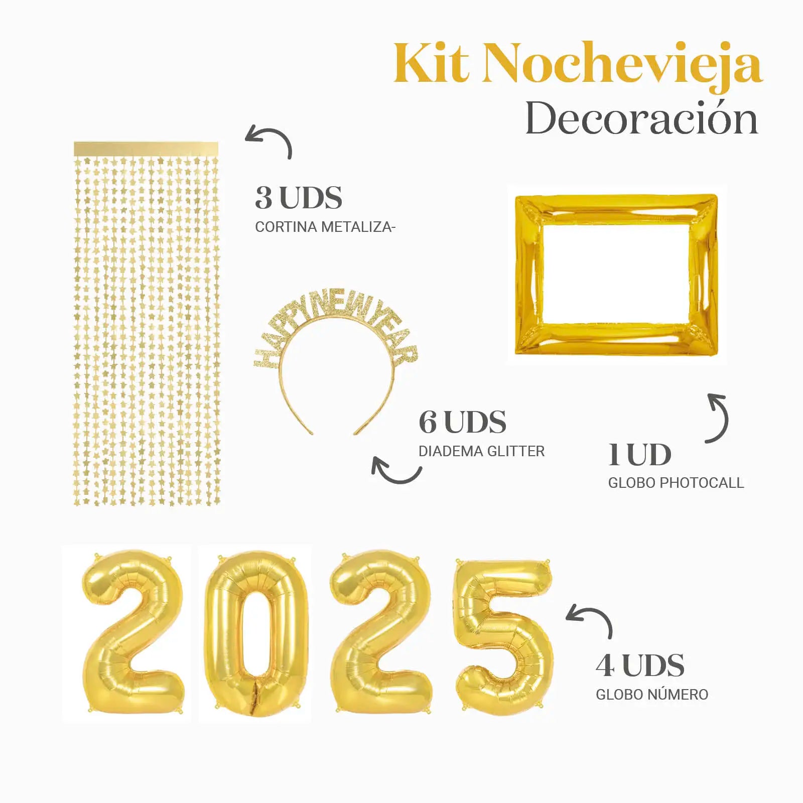 Deco Kit Photocall Véspera de Ano Novo 2025 6 Pessoas de Ouro 14 unidades