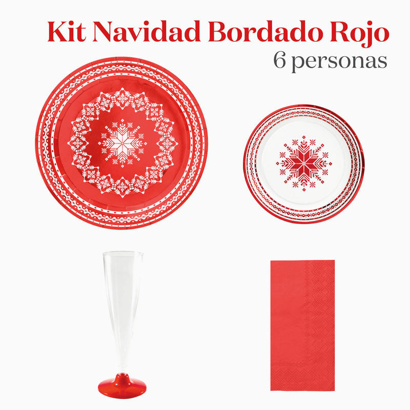 Kit Mesa Basic Navidad Bordado Rojo 6 Personas