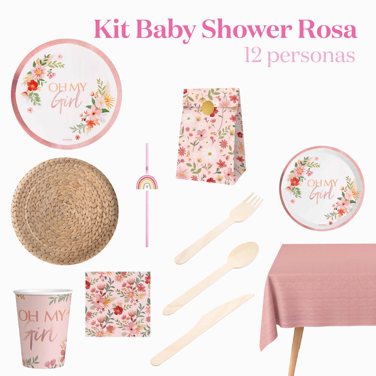 Kit de mesa premium 12 pessoas Pink para chá de bebê rosa