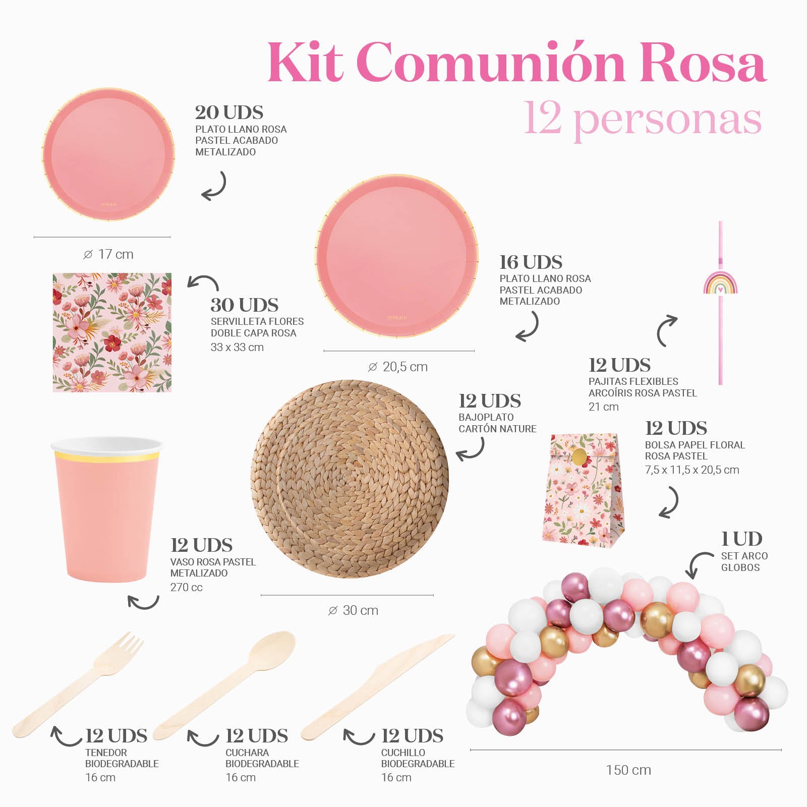 Kit da tavolo premium 12 persone comunioni rosa