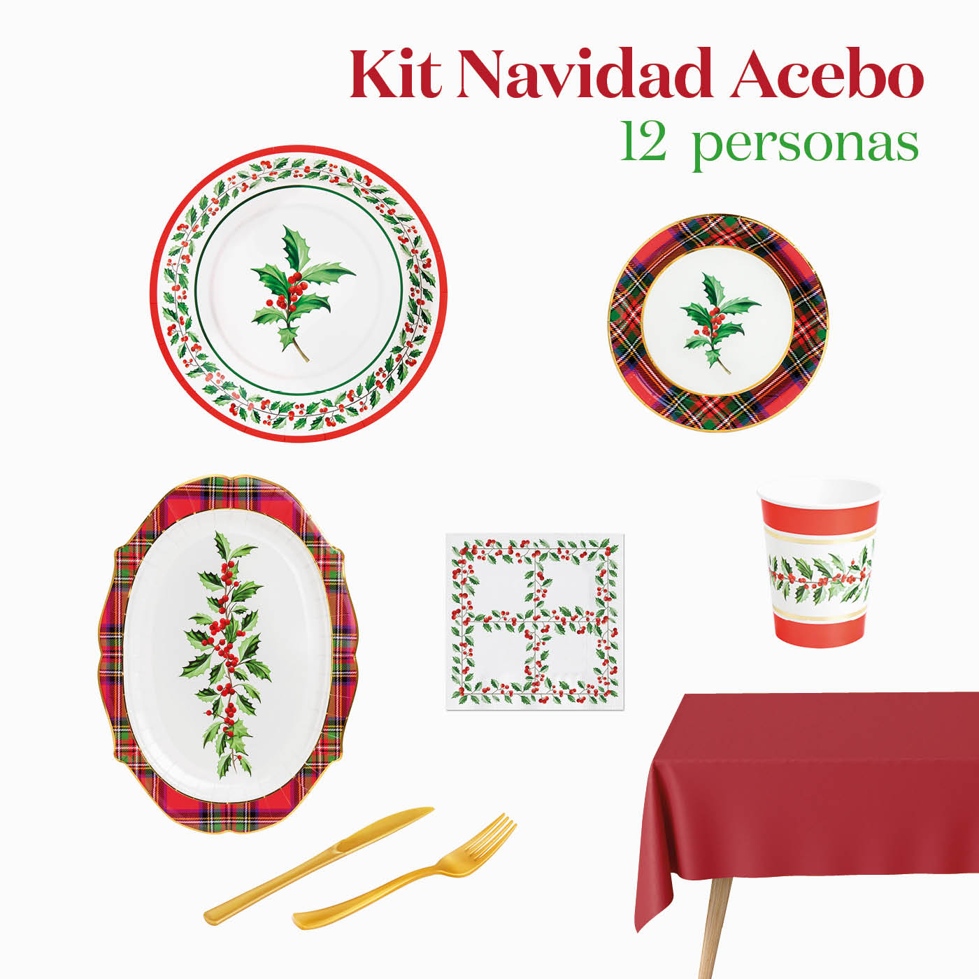 Kit Mesa Premium Navidad Acebo 12 Personas