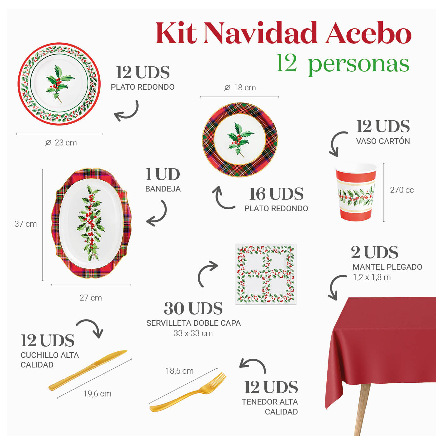 Kit Mesa Premium Navidad Acebo 12 Personas