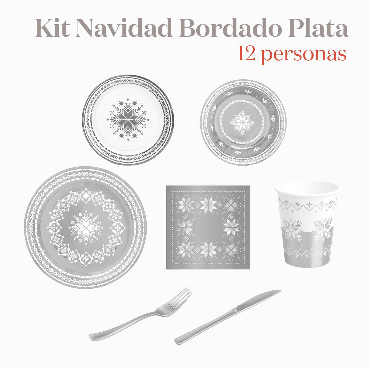 Kit Mesa Premium Navidad Bordado Plata 12 Personas