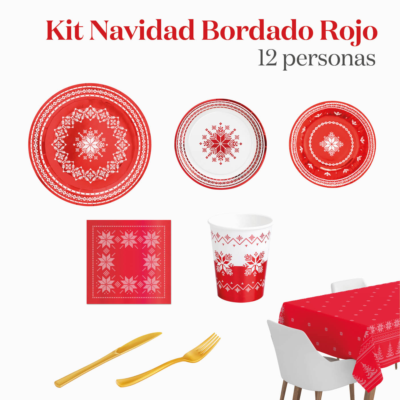 Kit Mesa Premium Navidad Bordado Rojo 12 Personas