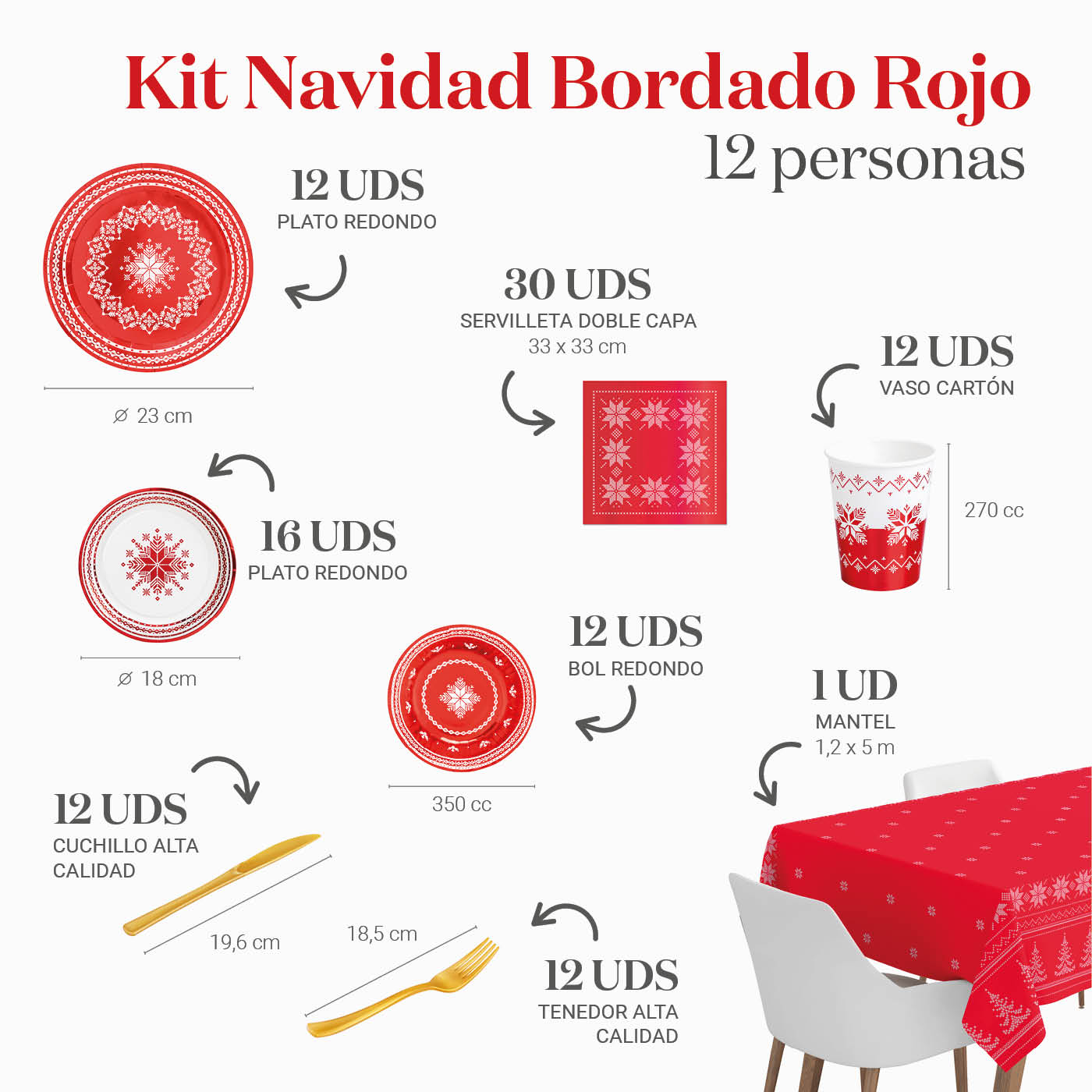 Kit Mesa Premium Navidad Bordado Rojo 12 Personas