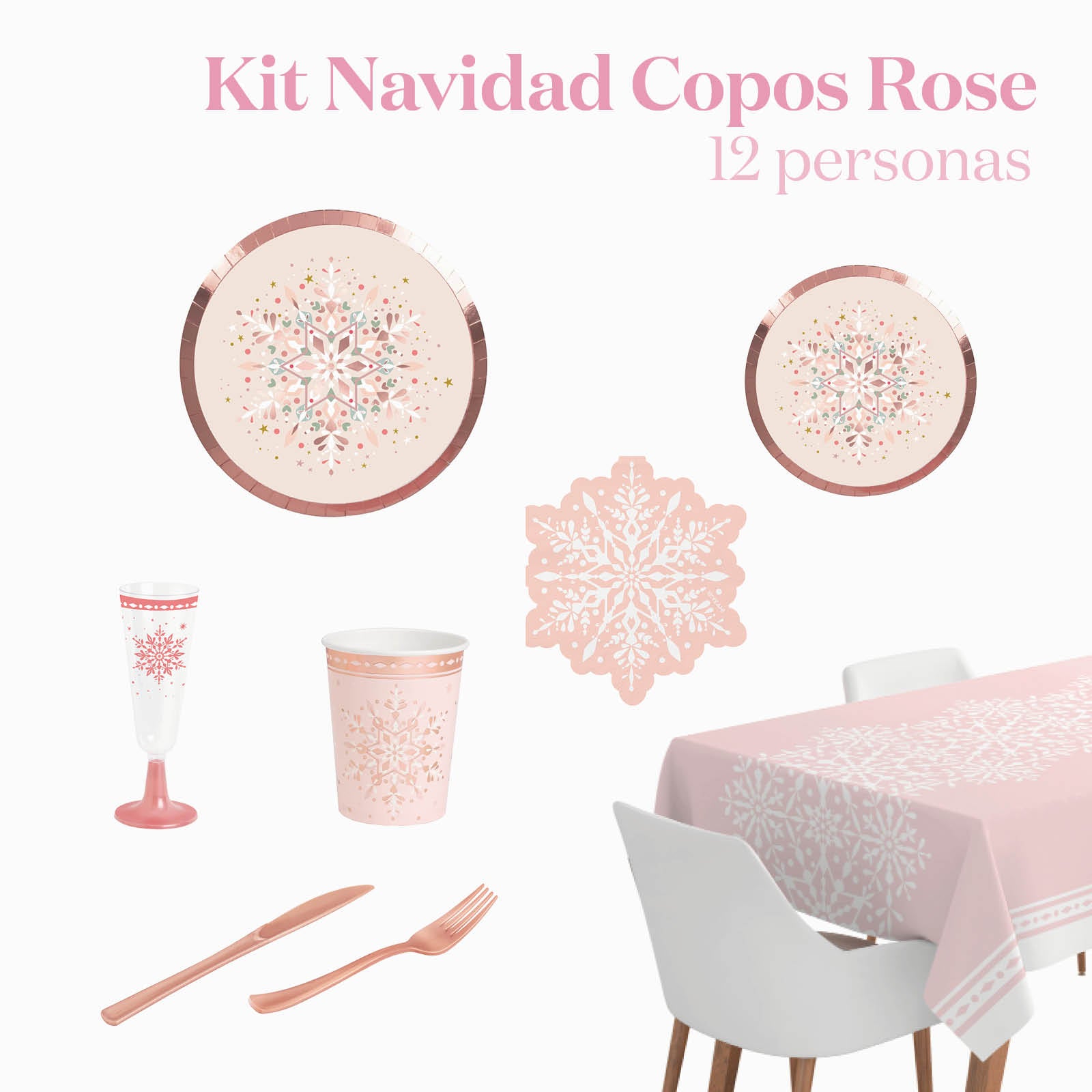 Kit Mesa Premium Navidad Copo de Nieve Oro Rosa 12 Personas