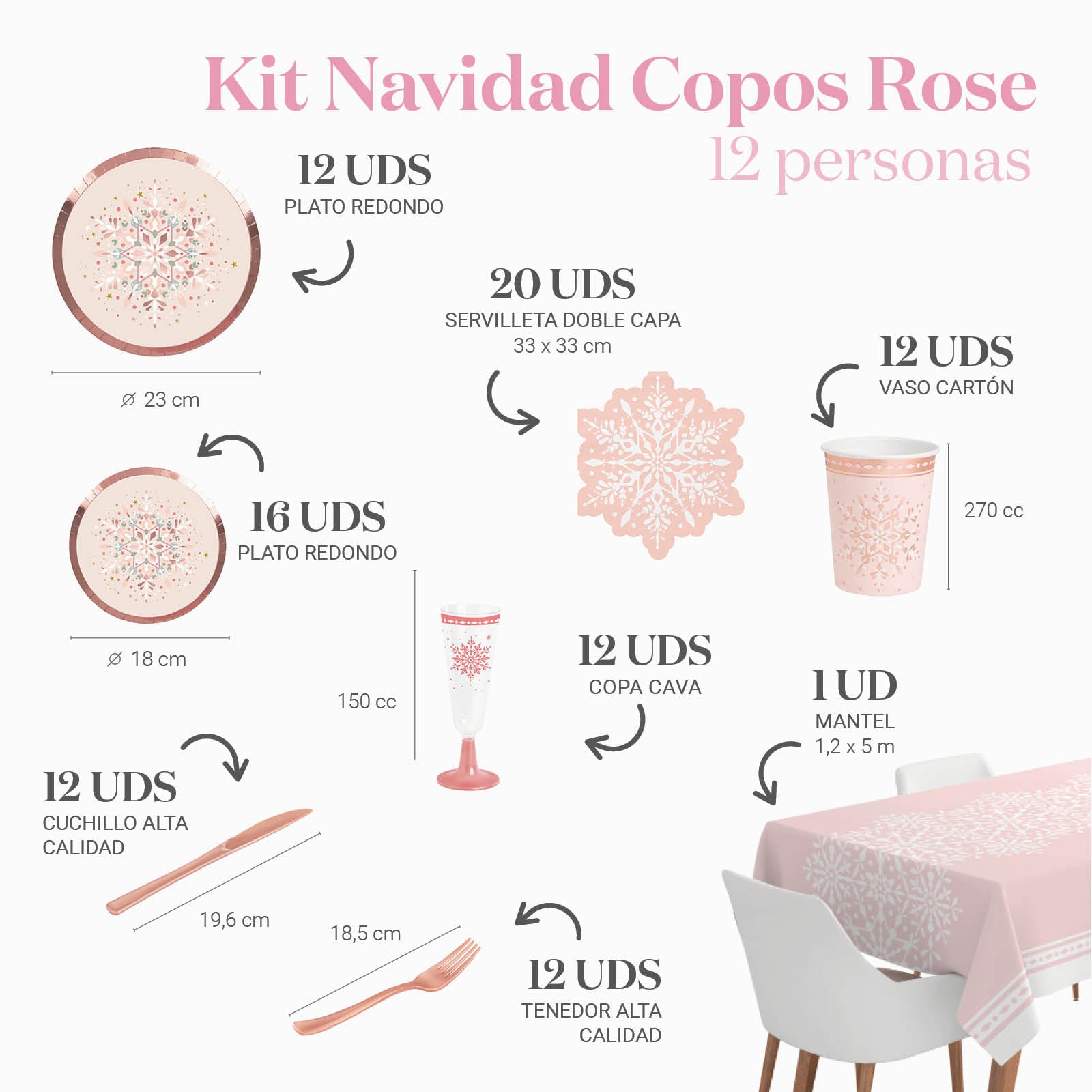 Kit Mesa Premium Navidad Copo de Nieve Oro Rosa 12 Personas