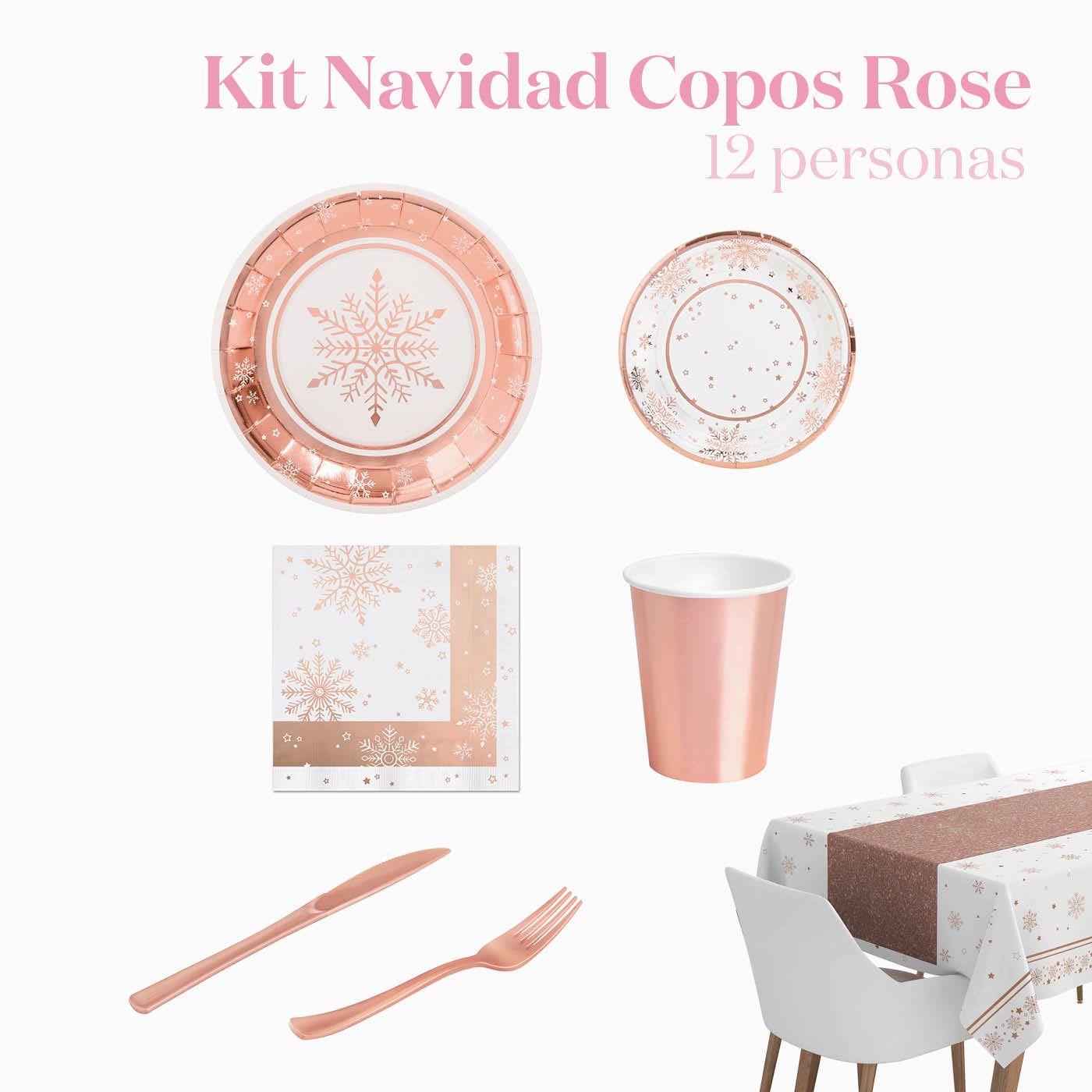 Kit Mesa Premium Navidad Copo de Nieve Rosa 12 Personas