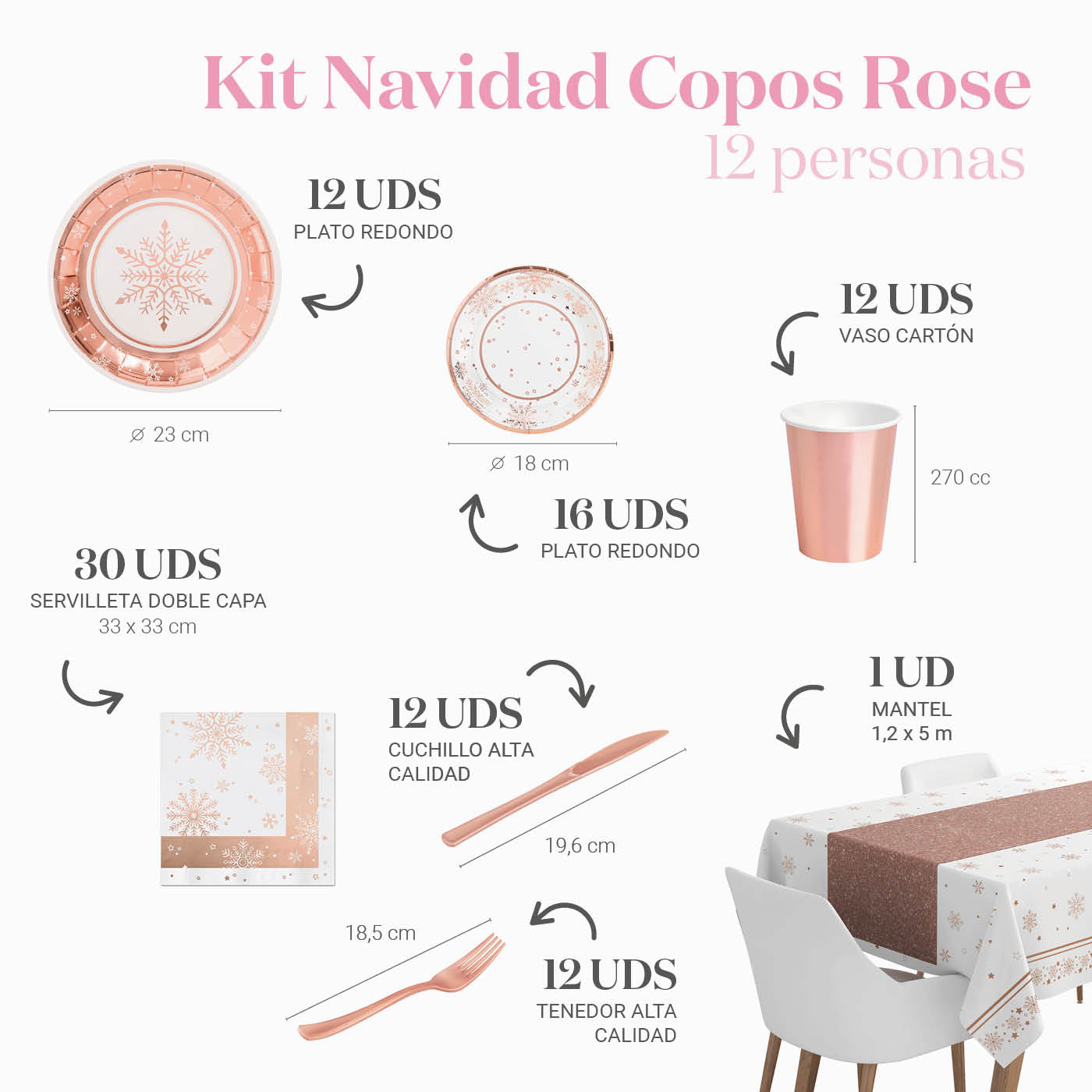 Kit Mesa Premium Navidad Copo de Nieve Rosa 12 Personas