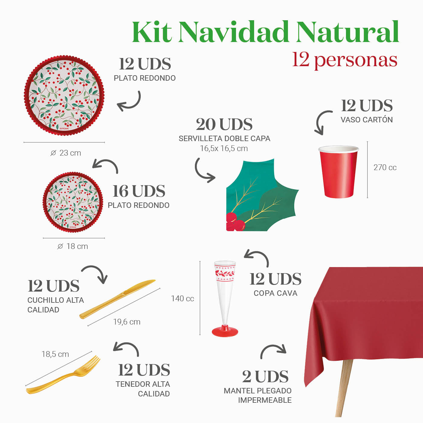 Kit Mesa Premium Navidad Natural Acebo 12 Personas