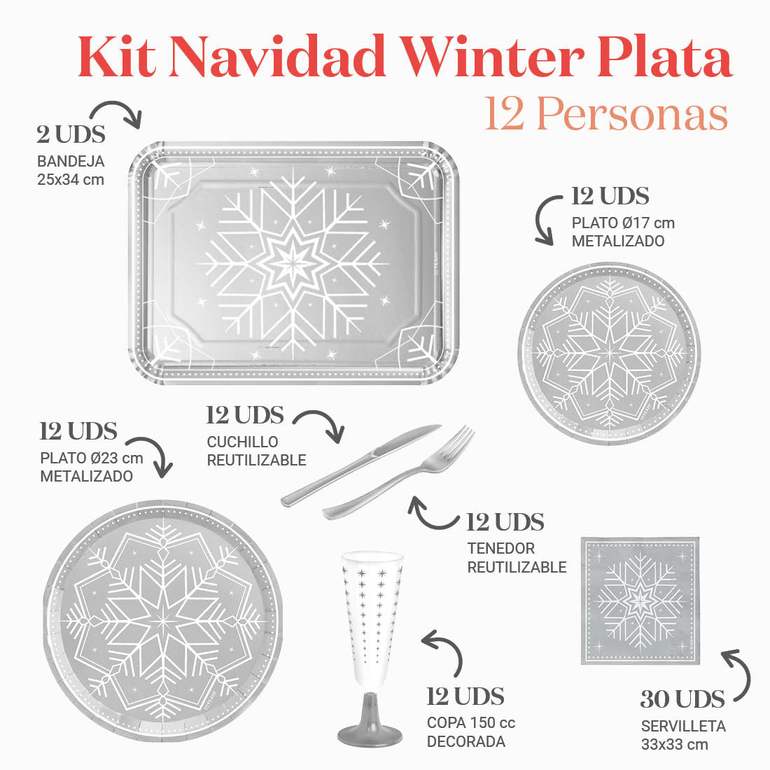 Kit de mesa de inverno premium 12 pessoas de prata