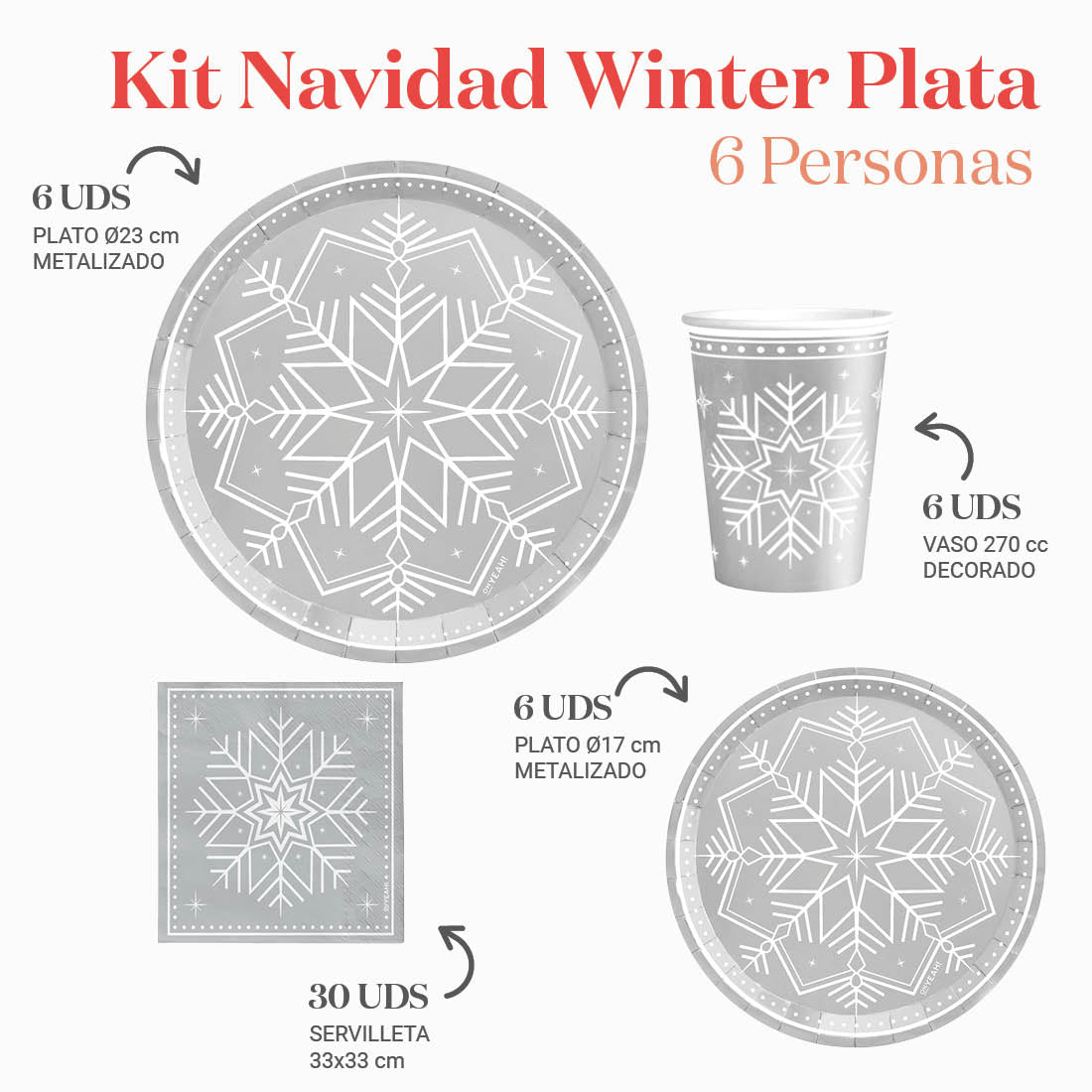 Kit de mesa de inverno básico 6 pessoas de prata