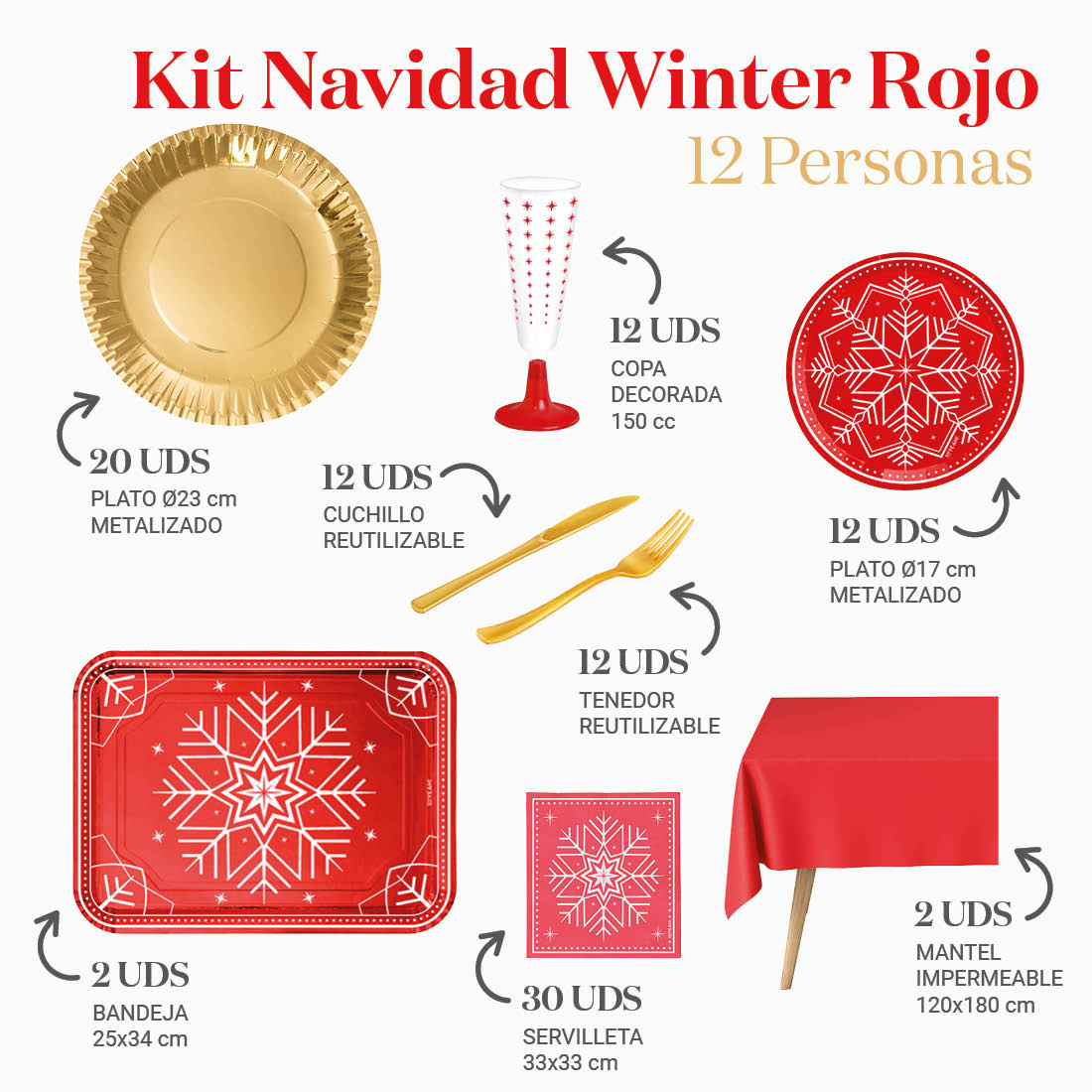 Kit de mesa de inverno premium 12 pessoas vermelhas